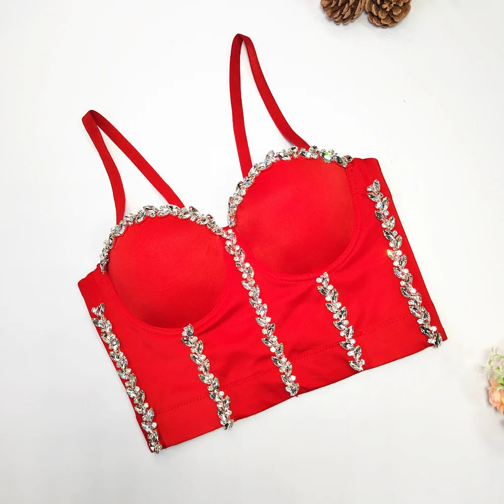 Crystal Chain Strap Bustier Corset Crop Top Hook-and-Eye Stage Bralette