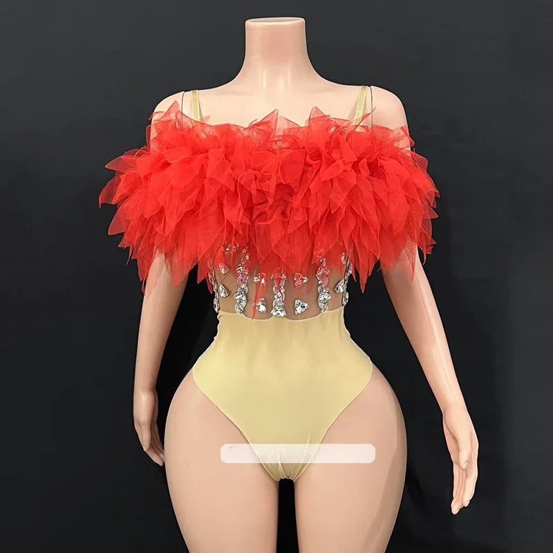 Fluffy Feather & Rhinestone Bodysuit Gogo Stage Performance Costume
