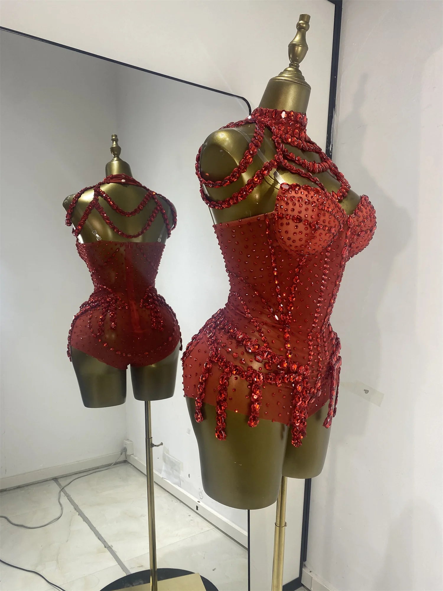 Crimson Red Rhinestone Corset Bodysuit & Embellished Choker 2-Piece Stage Costume Set