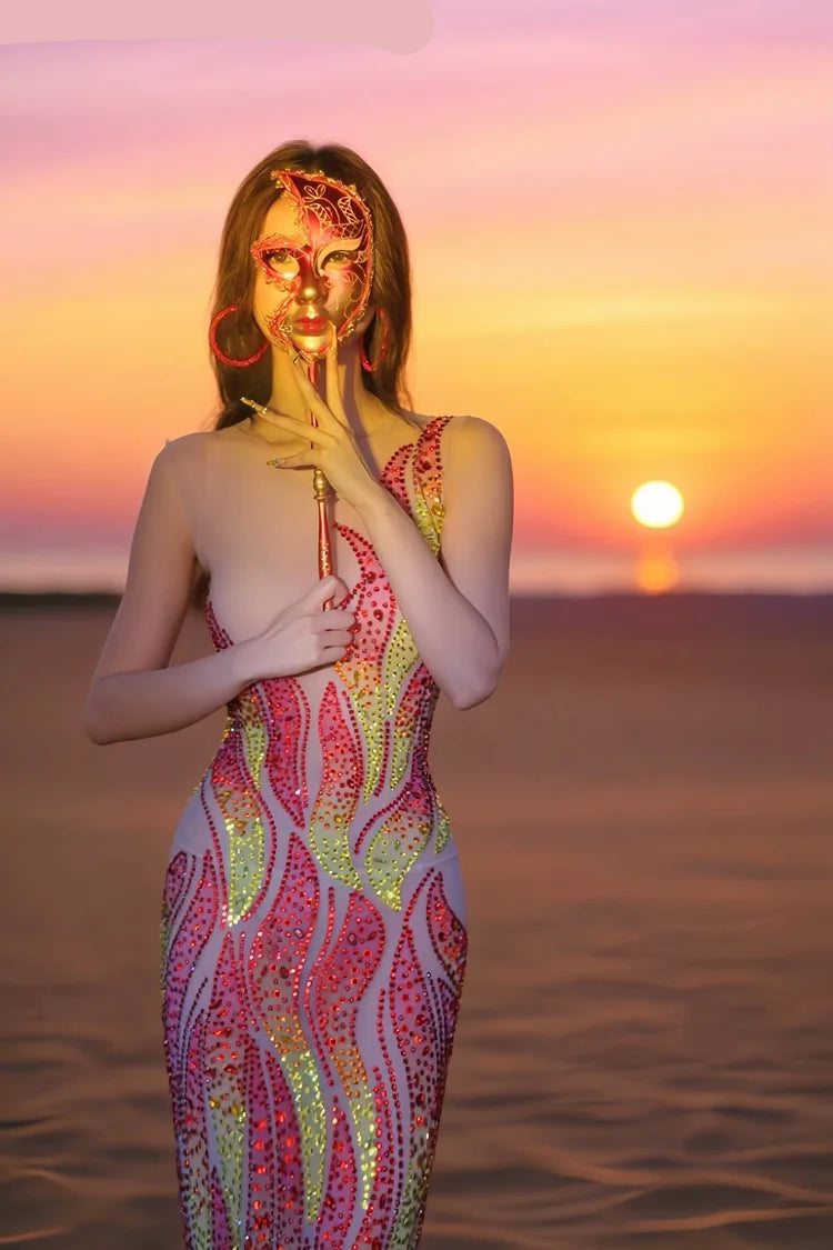 Flaming Fire Print Rhinestone Maxi Dress Sleeveless High-Slit Stage Performance Gown