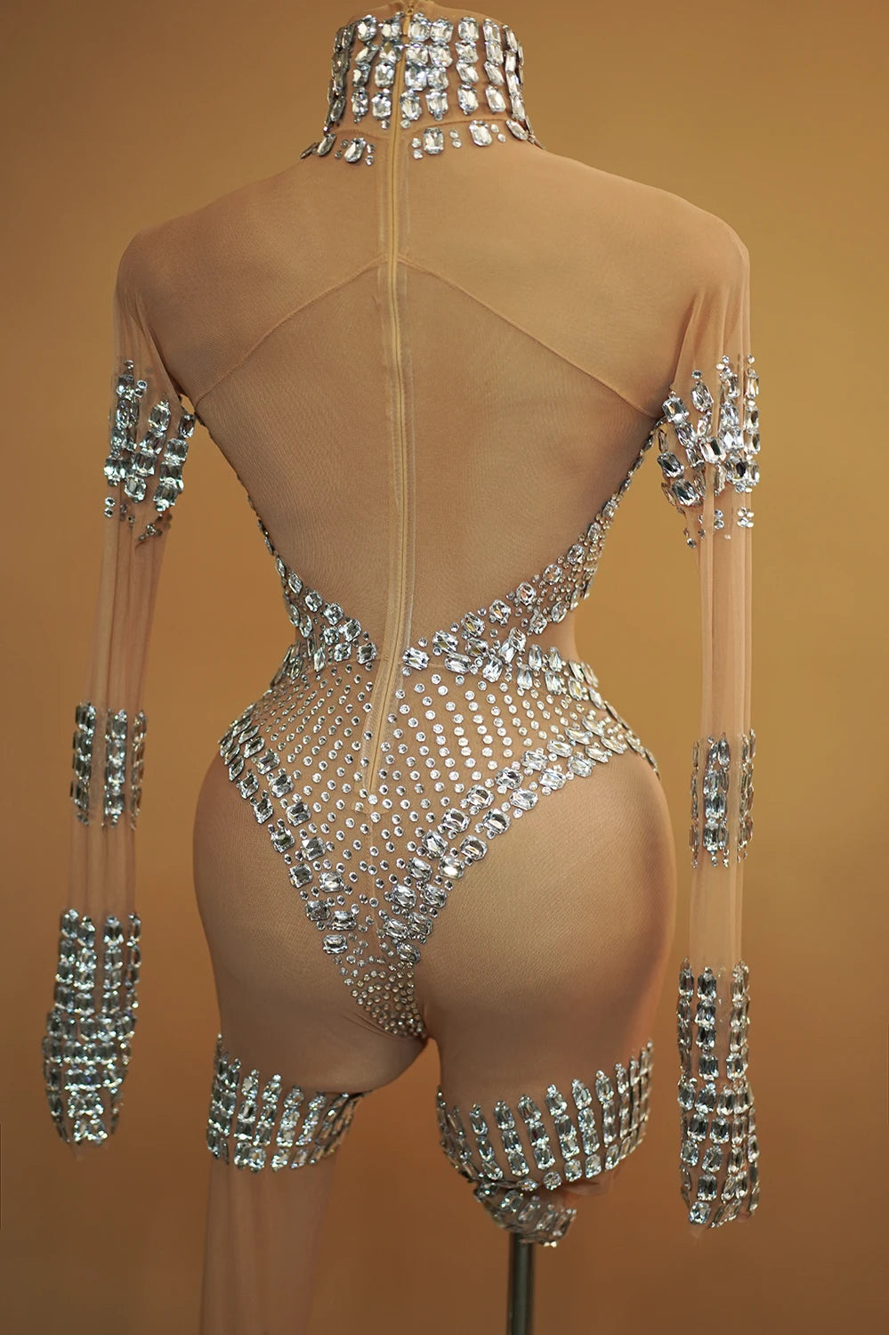 Sparkly Silver Rhinestone Sheer Mesh Jumpsuit Stage Performance Costume