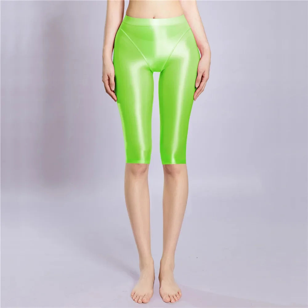 Women Shaping Short Stain Smooth Oil Glossy Shiny Elastic Shorts Sheer See Through Casual Plus Size Tight Yoga Short Maid Pant