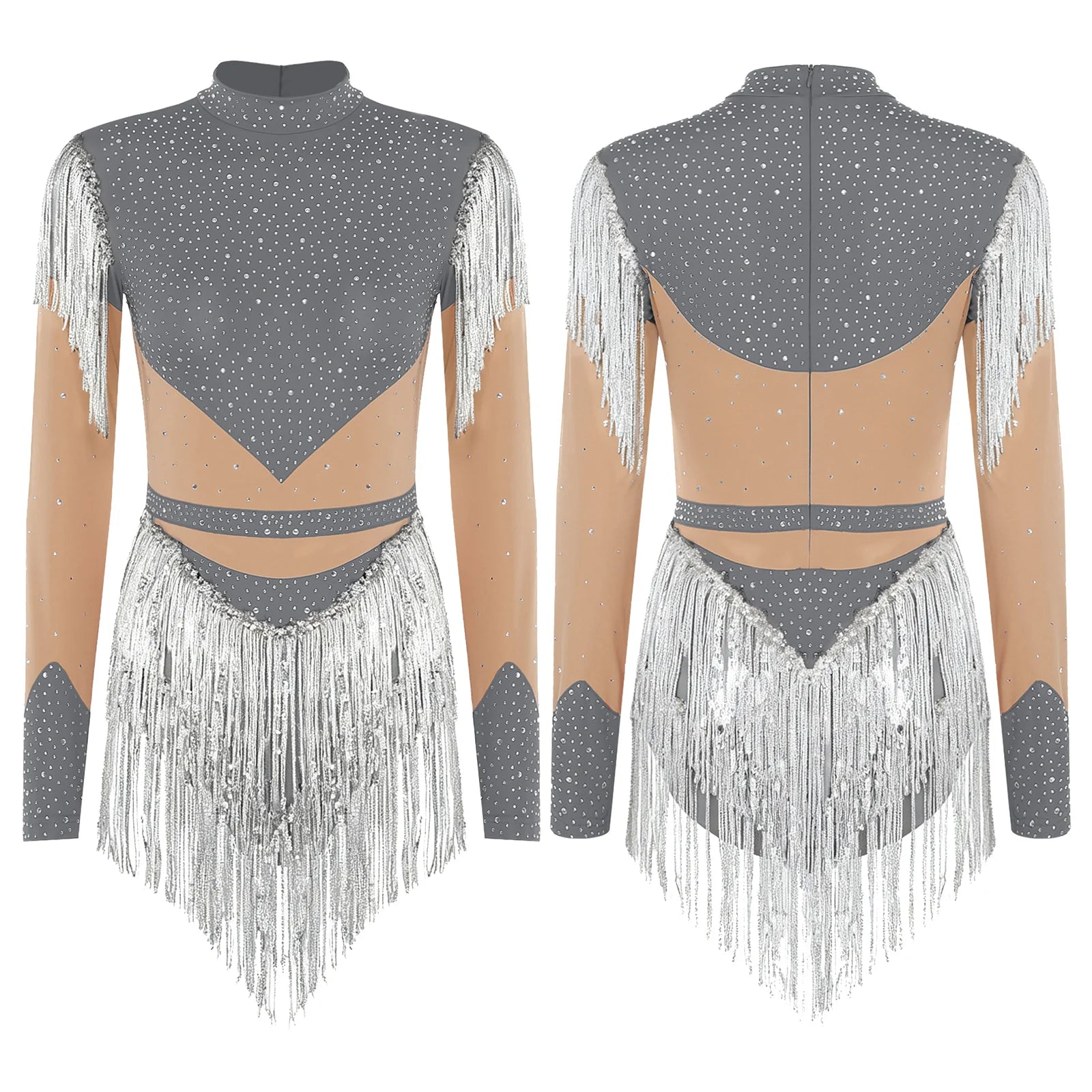 Rhinestone Sequin Tassel Long Sleeve Dance Jumpsuit Bodysuit