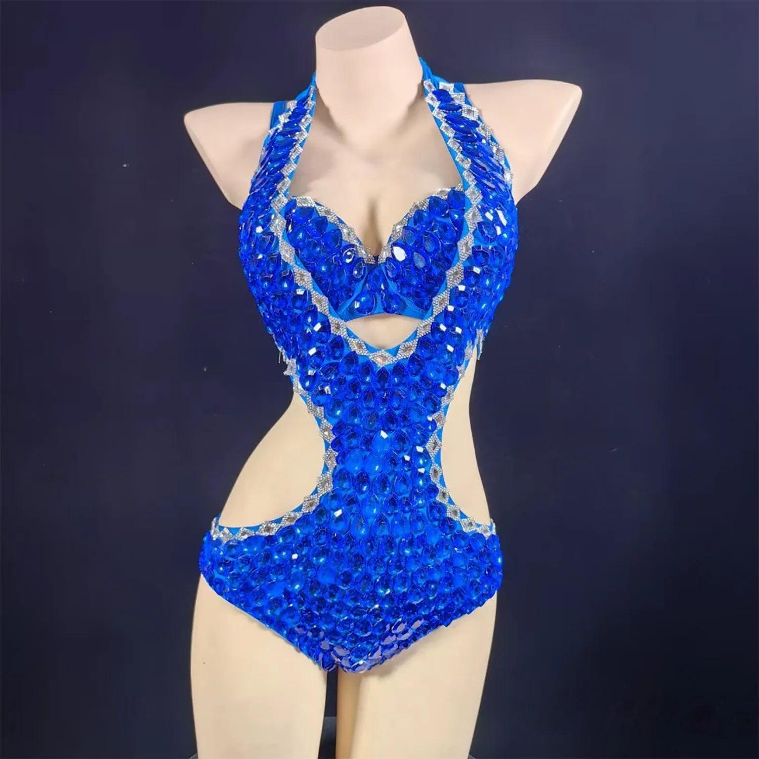 Luxury Rhinestone & Crystal Beaded Halter Bikini Stage Bodysuit