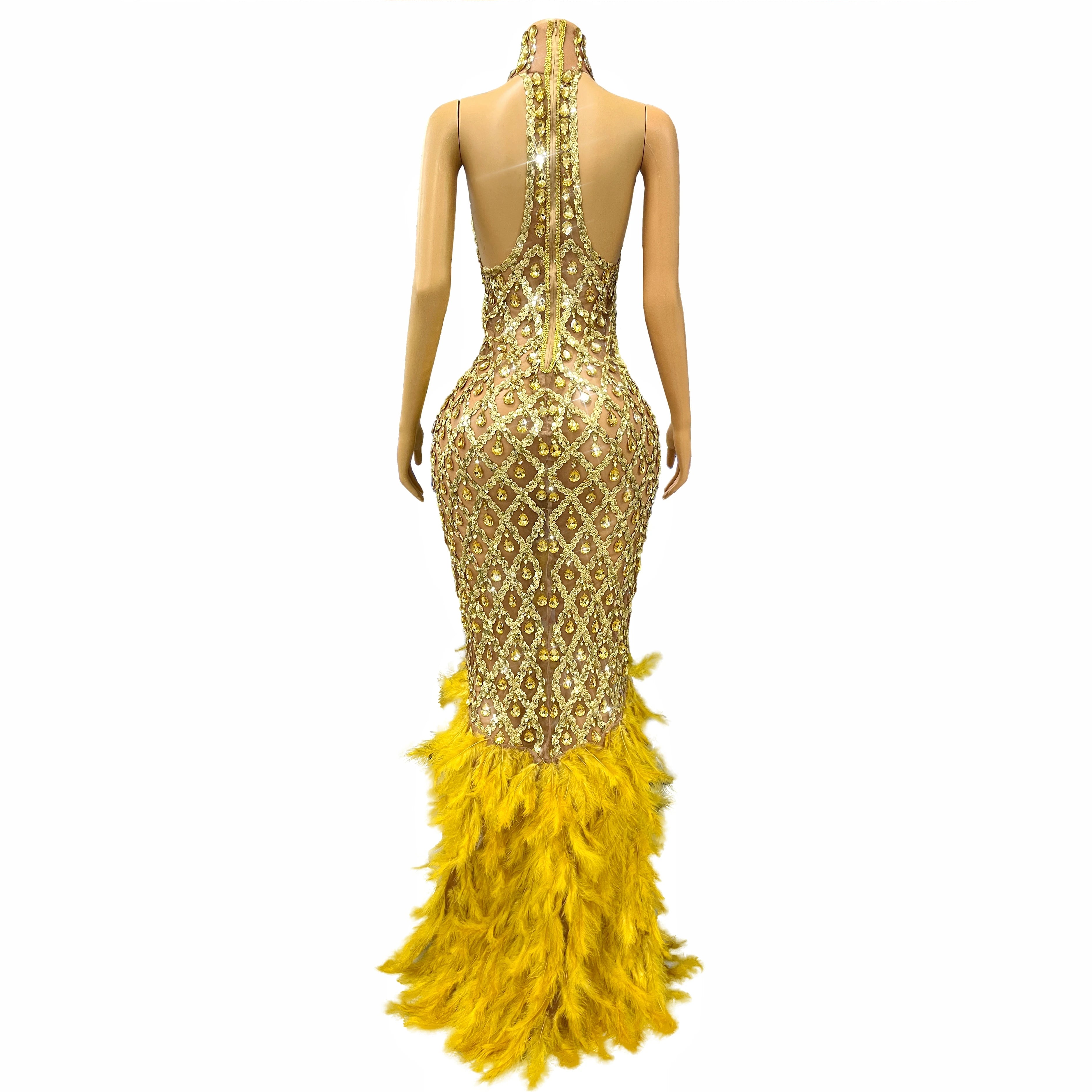 Sparkly Rhinestone Feather Sheer Mesh Evening Gown Stage Fashion Show Outfit