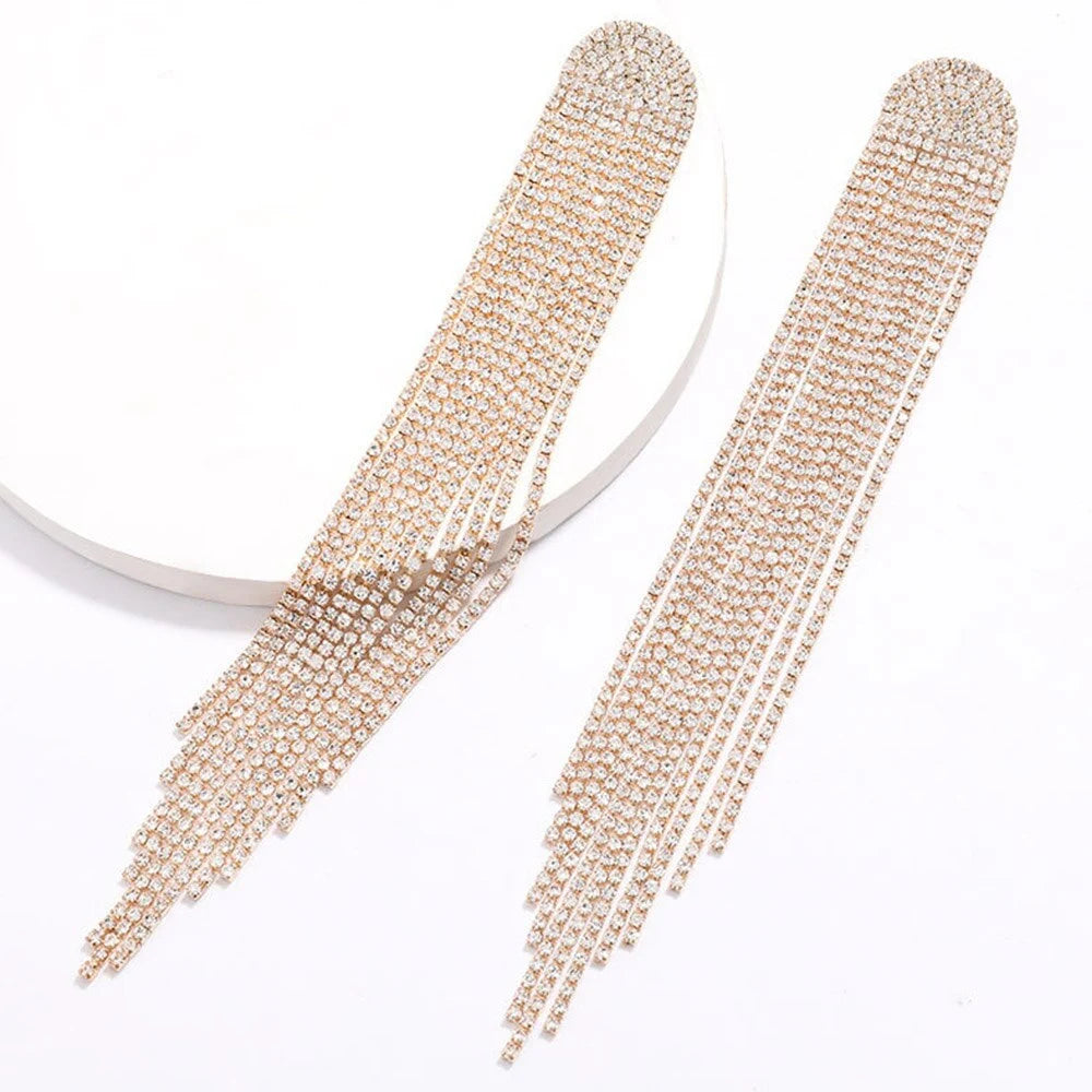 Long Rhinestone Tassel Drop Earrings