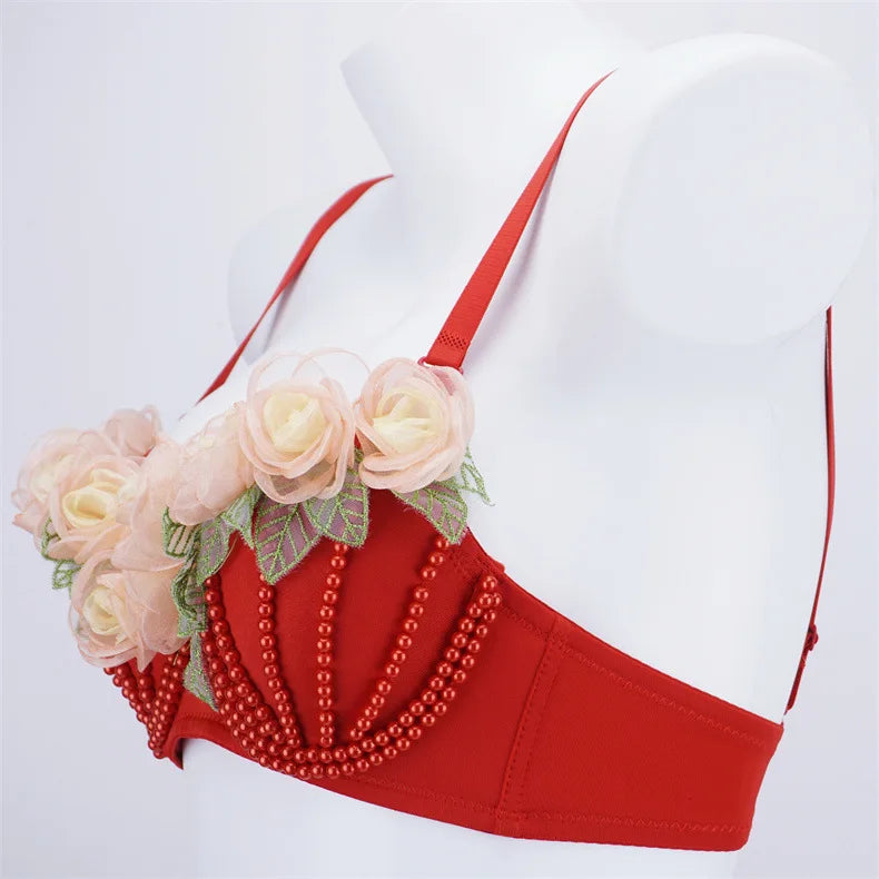 Organza Floral & Pearl Bustier Bra Top | Kawaii Stage & Nightclub Bralette