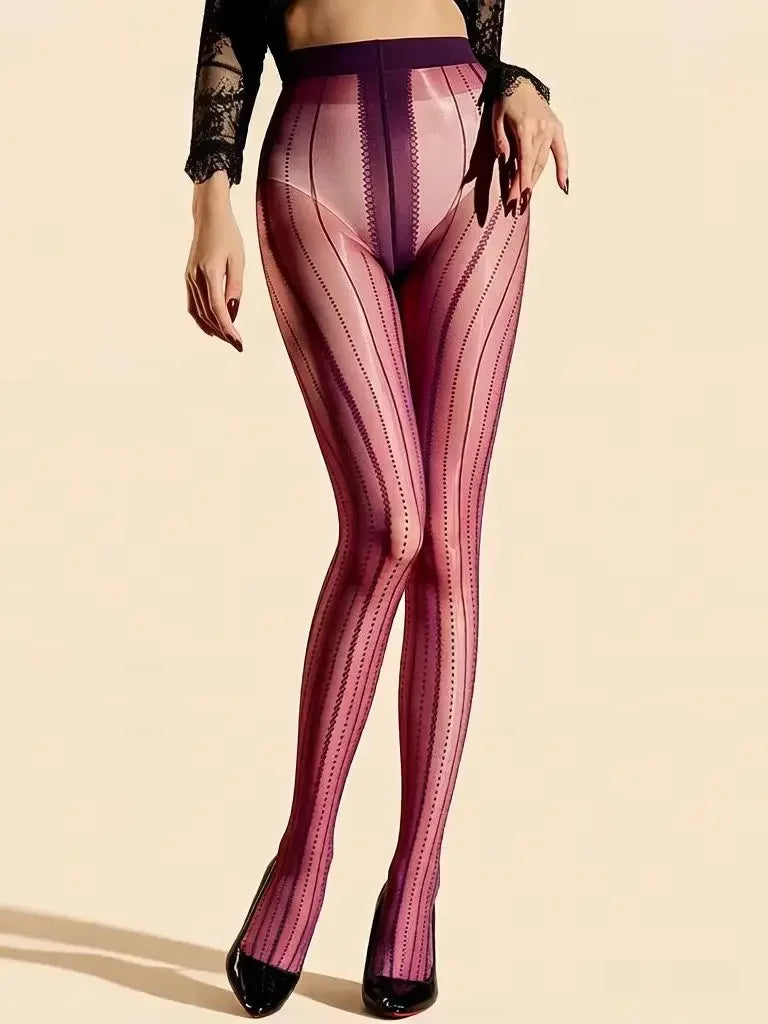 Striped Oil Glossy Sheer High-Waist Shaping Pantyhose Shiny Dance Tights