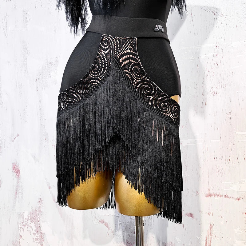 Black Fluffy Dance Leotard & Fringe Practice Skirt Latin Performance Costume Set