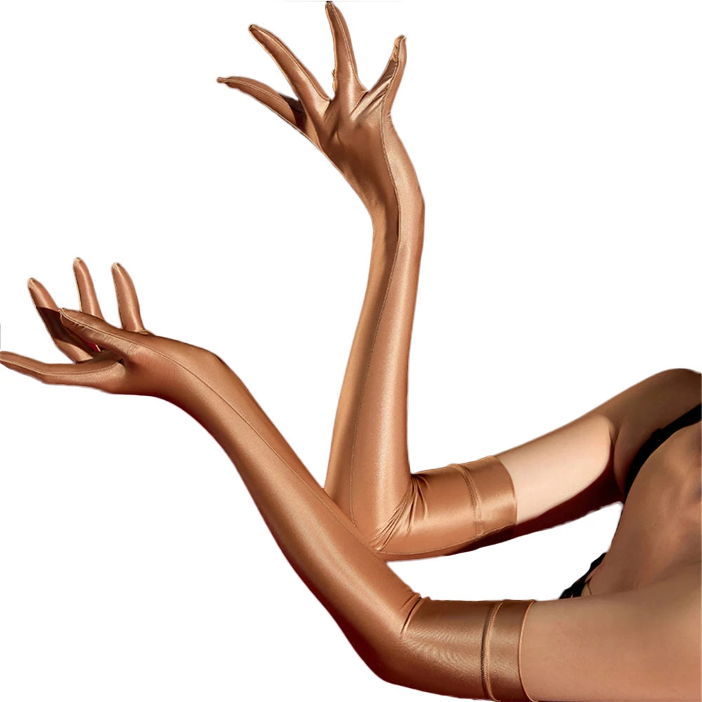 Oil Glossy Satin Smooth Five-Finger Long Elbow Gloves High-Stretch Luxury Evening Gloves