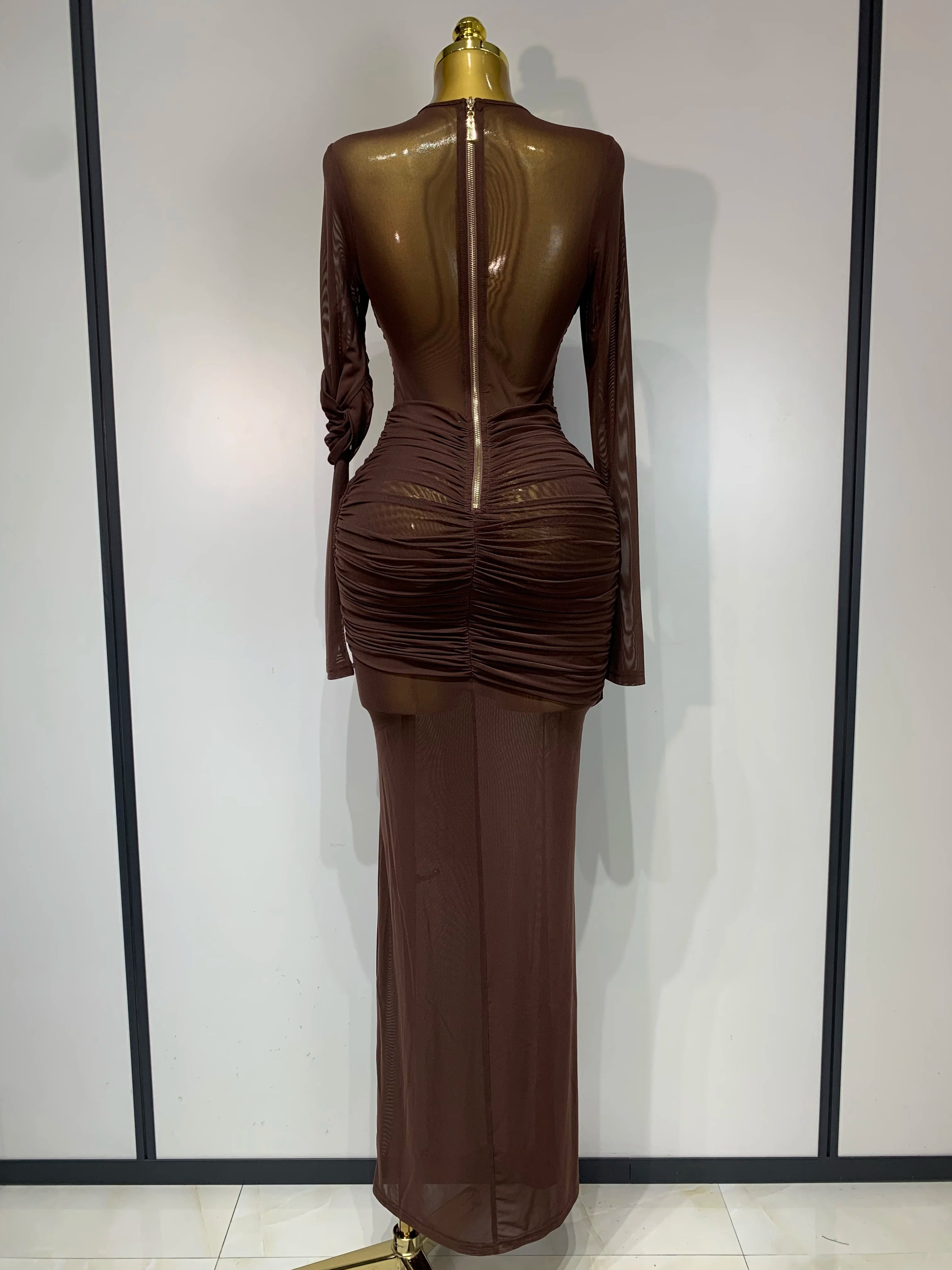 Ruched Mesh Draped Bodycon Maxi Dress Long Sleeve Illusion Evening Gown