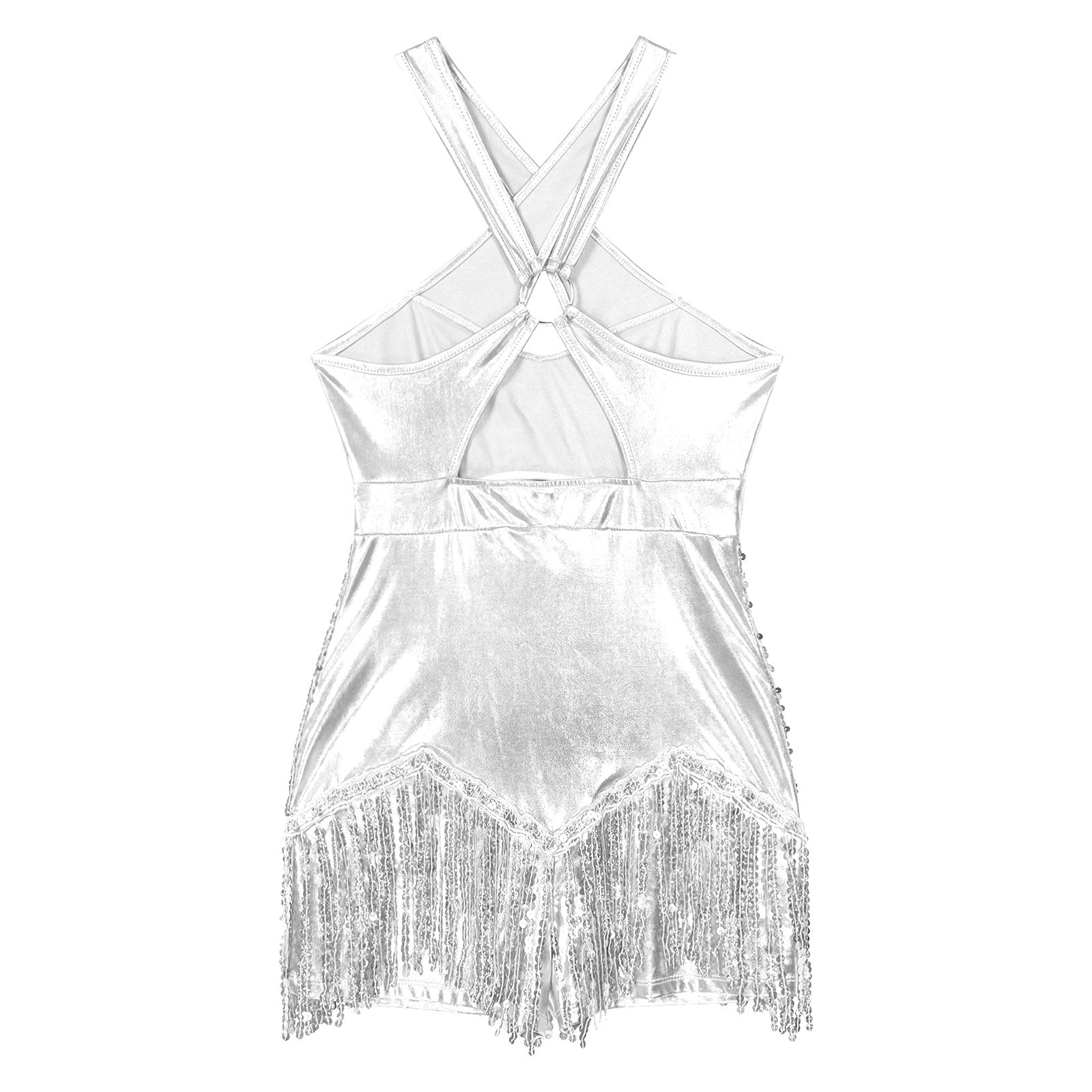 Sequined Fringe Cross-Front Latin Dance Leotard Costume Dress