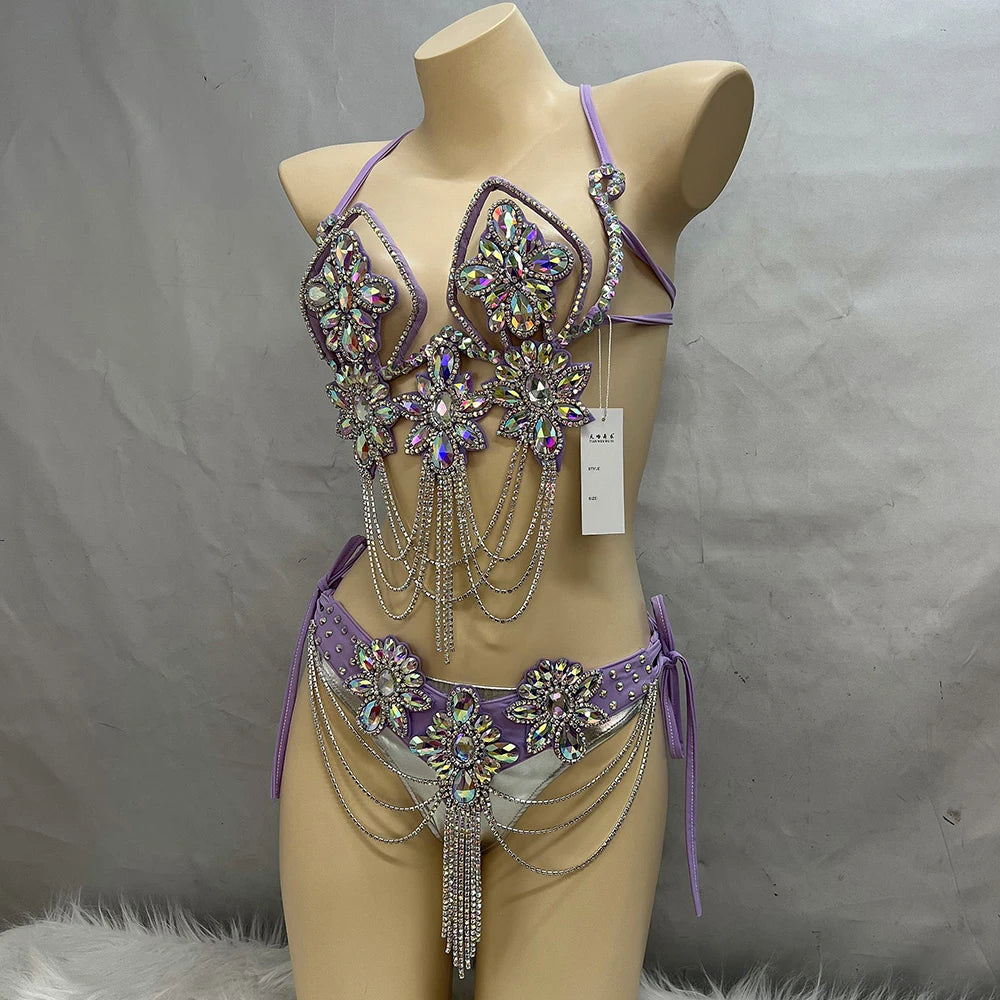 Handmade Samba Carnival Crystal Wire Bra, Panty & Belt 3-Piece Costume Set