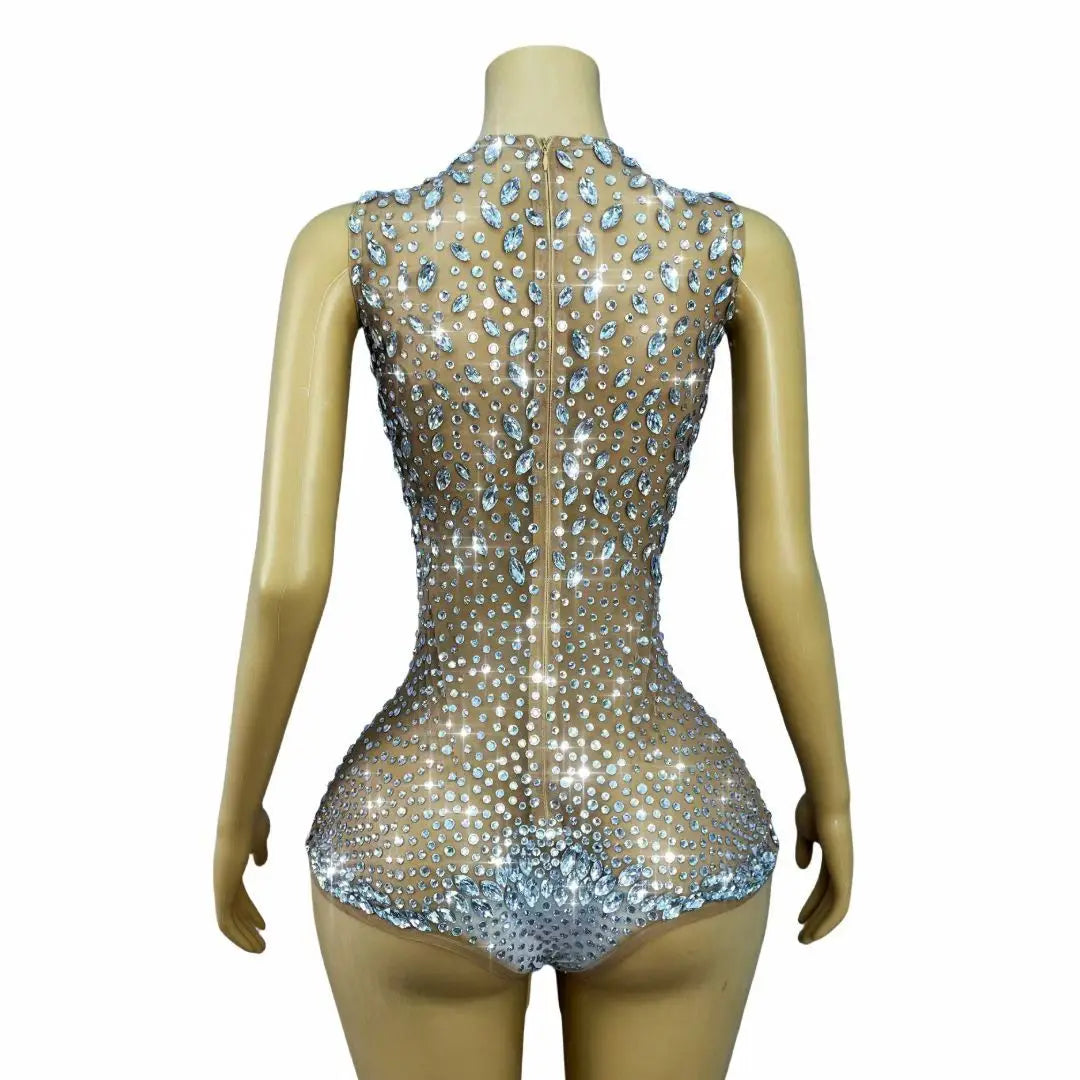 Sparkly Rhinestone Sheer Mesh Bodysuit Backless Stage Costume Leotard