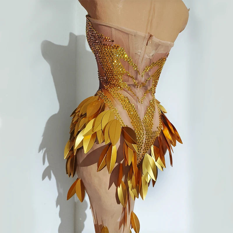 Gold Rhinestone Diamond Leaf Mesh Strapless Long Stage Gown Costume
