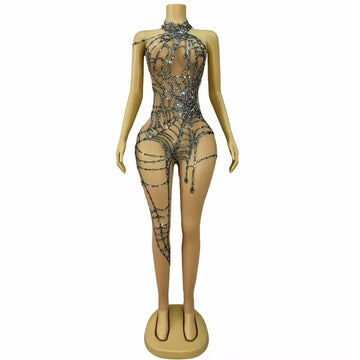 Black Mesh Rhinestones Jumpsuit Women Singer Nightclub Bar Concert Performance Transparent Rompers Stage Costume