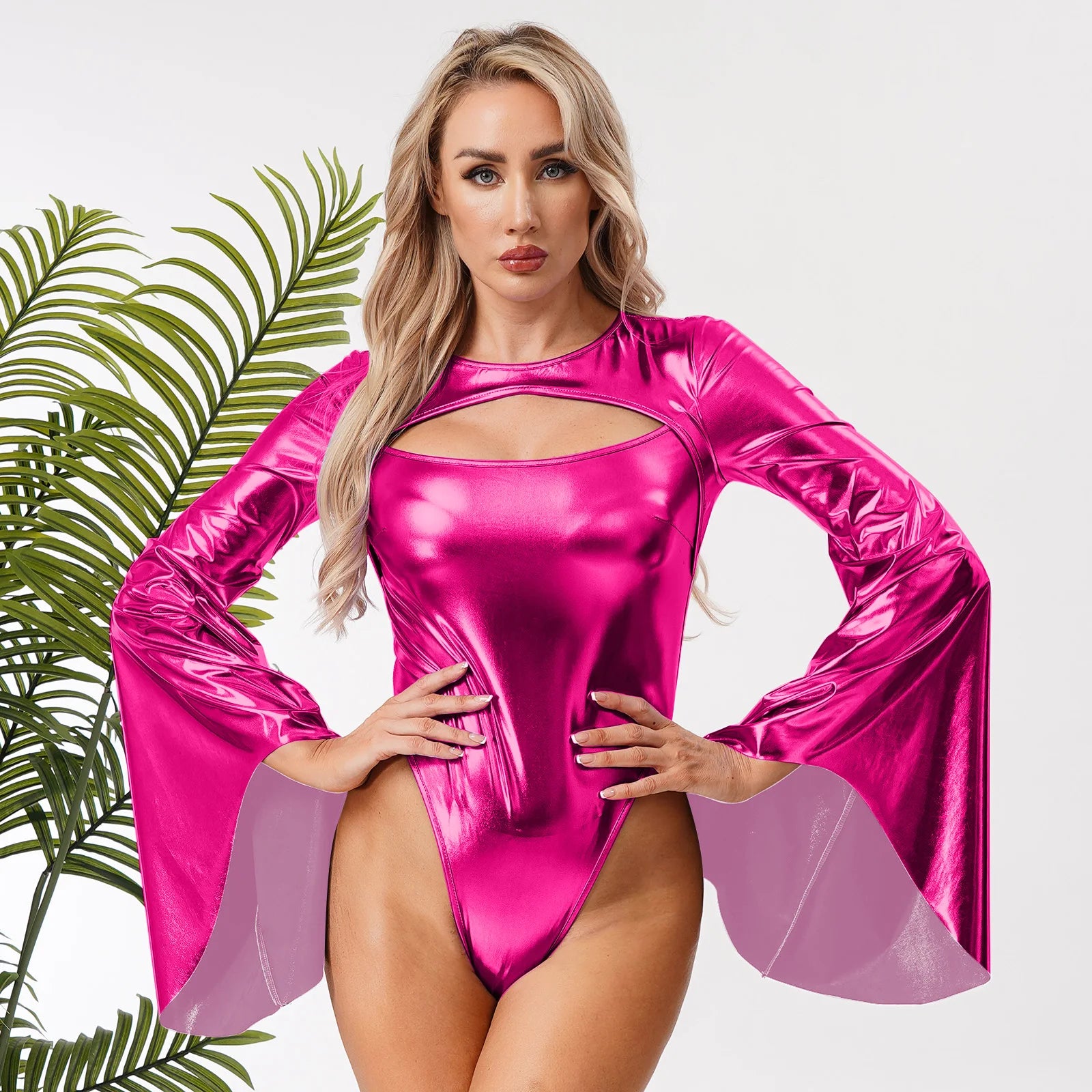 Metallic Flared Sleeve Cutout Disco Bodysuit & Metallic Rave Leotard