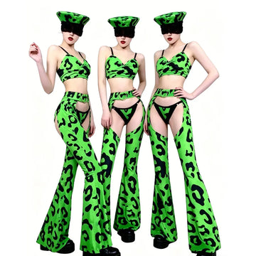 Neon Green Leopard Bikini Top, Wide-Leg Chaps Pants & Hat 4-Piece Stage Dance Costume Set
