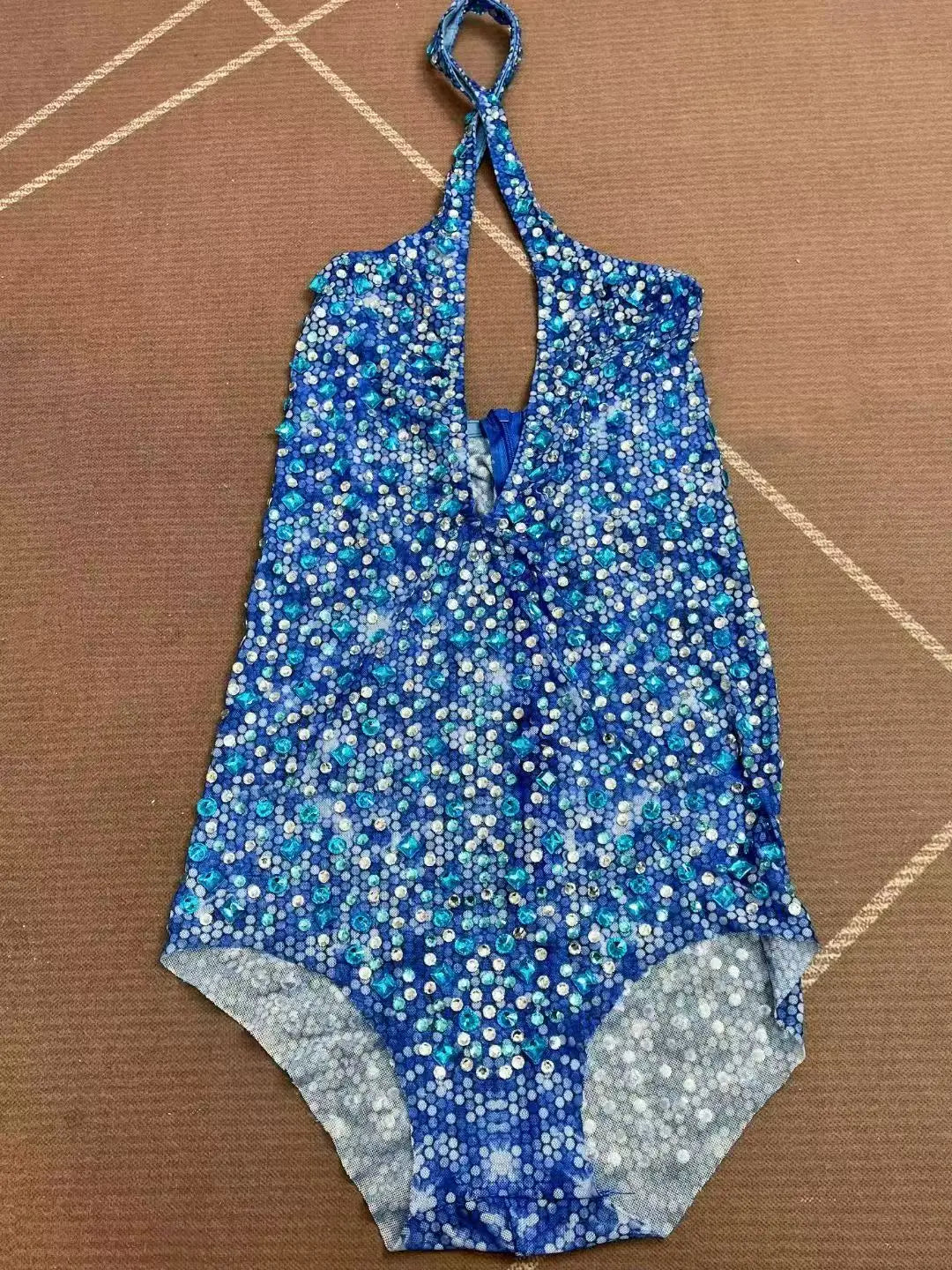 Blue Rhinestones Halter Off-Shoulder Deep V-Neck Mesh Leotard