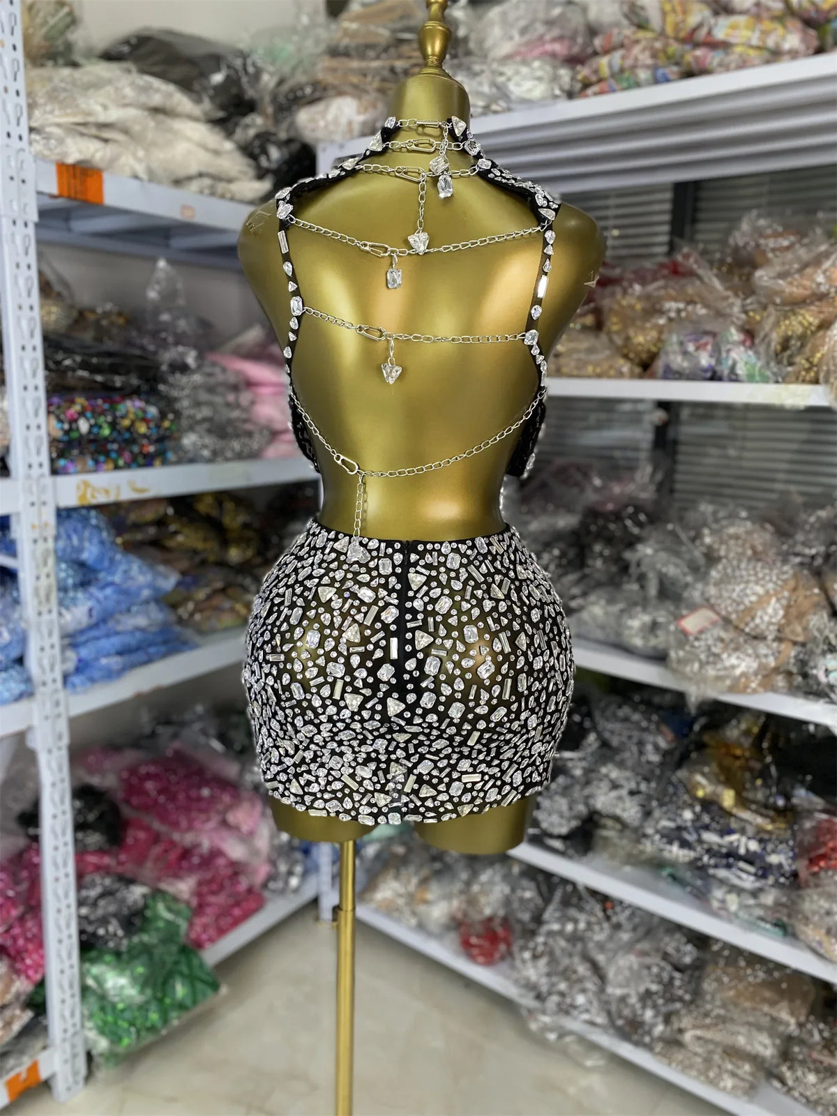 Vintage-Inspired Sparkly Rhinestones Two-Piece Backless Top And Mini Skirt Set