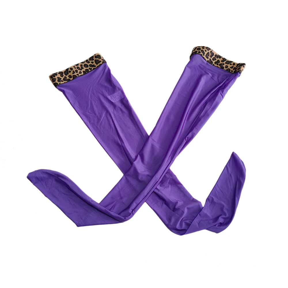 Satin Smooth Oil Shiny Thigh-High Stockings Leopard Print Trim Glossy Tights