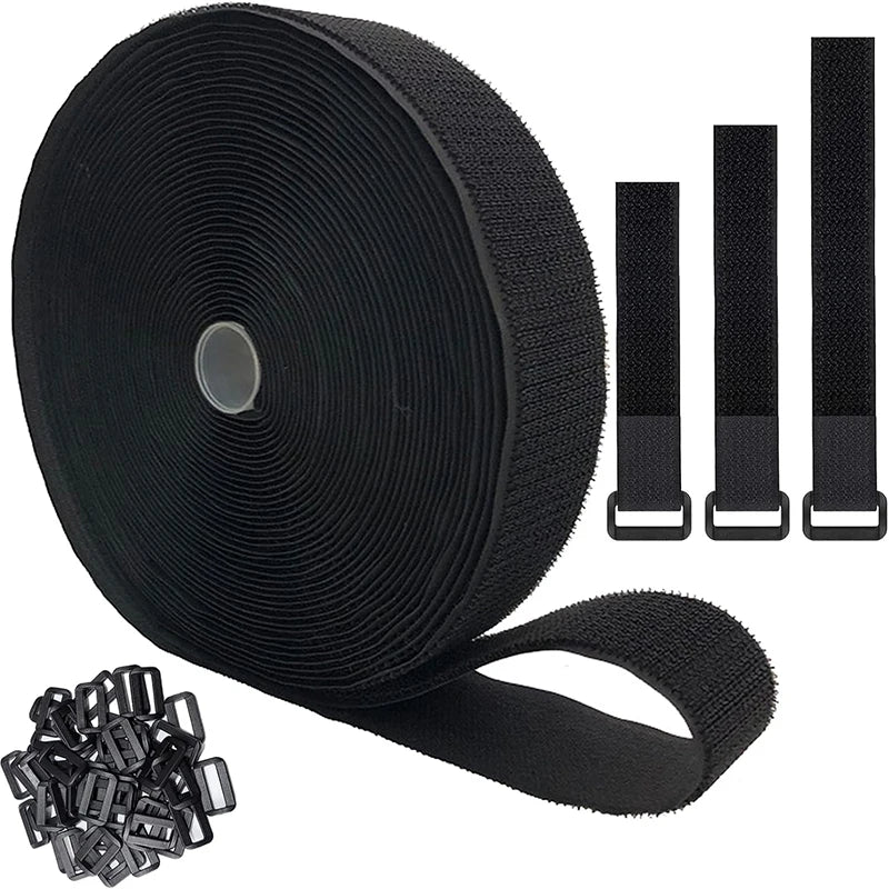 Reusable Cut-to-Length Cable Ties Adjustable Nylon Hook and Loop Straps with Buckles