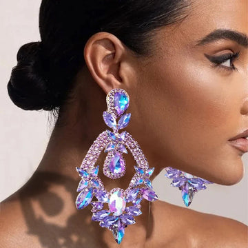 Purple Teardrop Rhinestone Statement Earrings