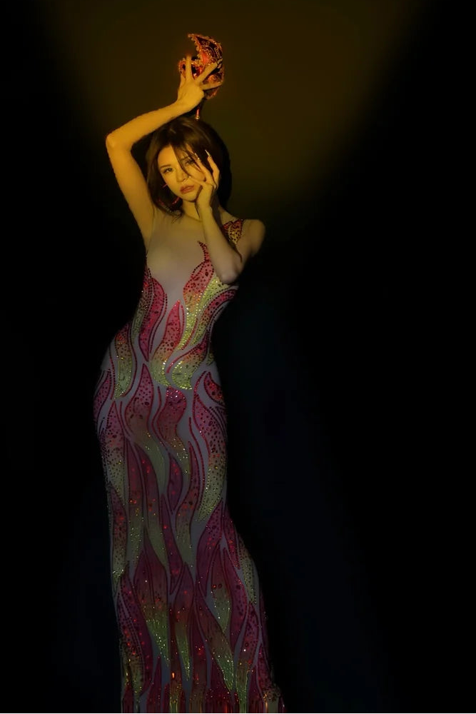 Flaming Fire Print Rhinestone Maxi Dress Sleeveless High-Slit Stage Performance Gown