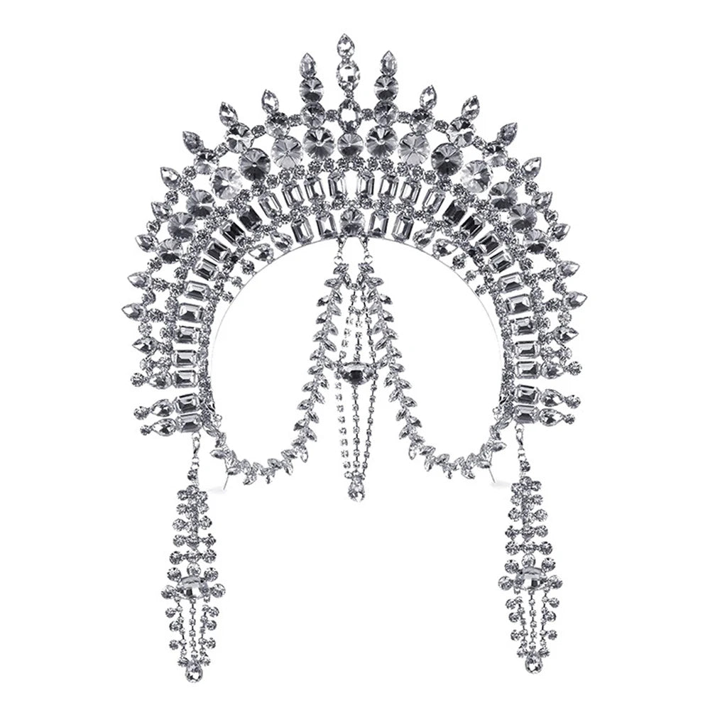 Exaggerated Rhinestone Tassel Crown Headpiece