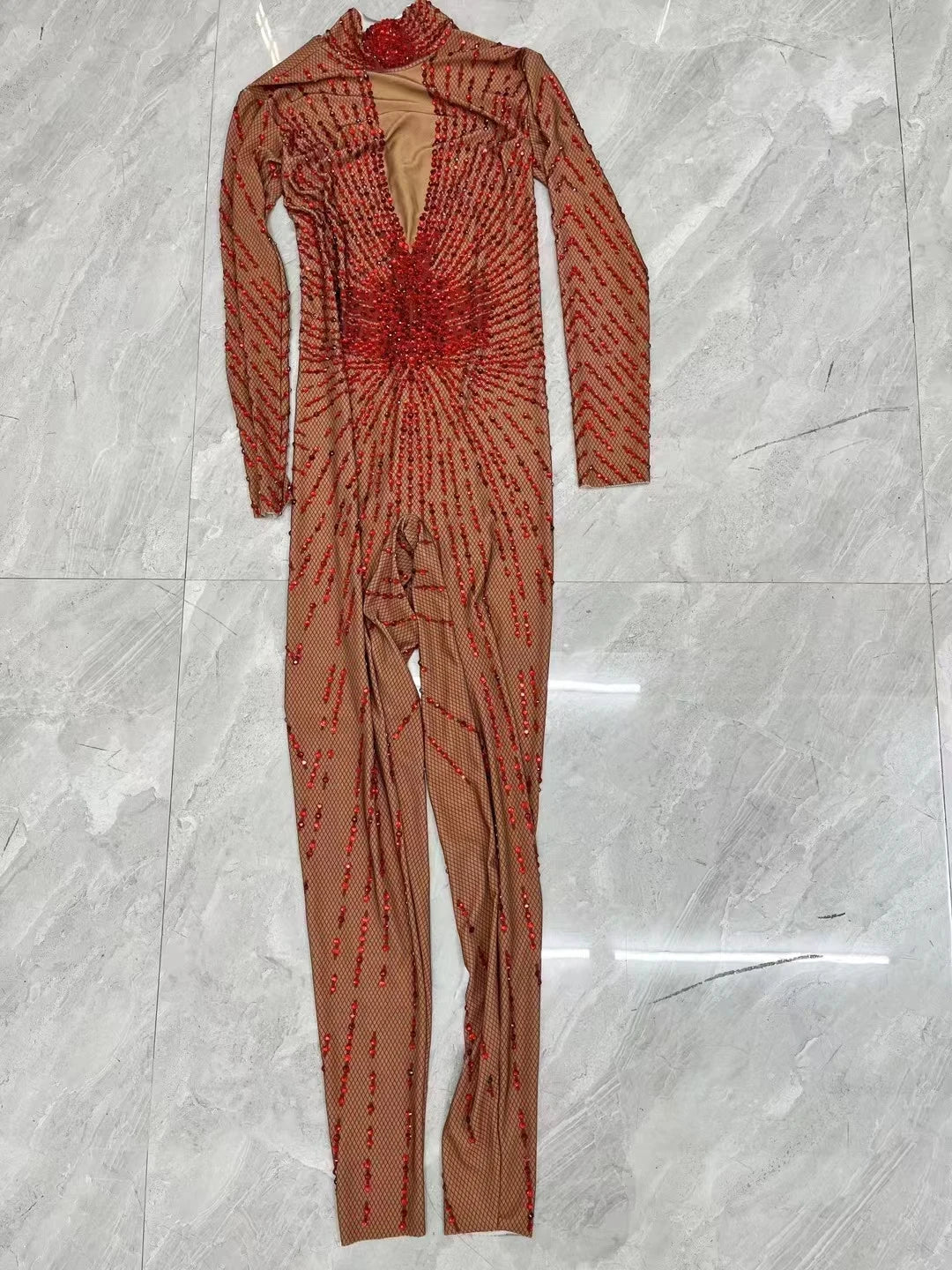 Crimson Red Rhinestone Catsuit Long Sleeve Illusion Stage Performance Jumpsuit