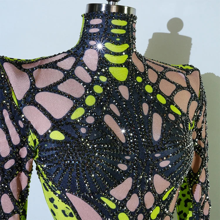 Futuristic Cyber Armor Rhinestone Bodysuit Mock Neck Sleeveless Stage Dance Costume
