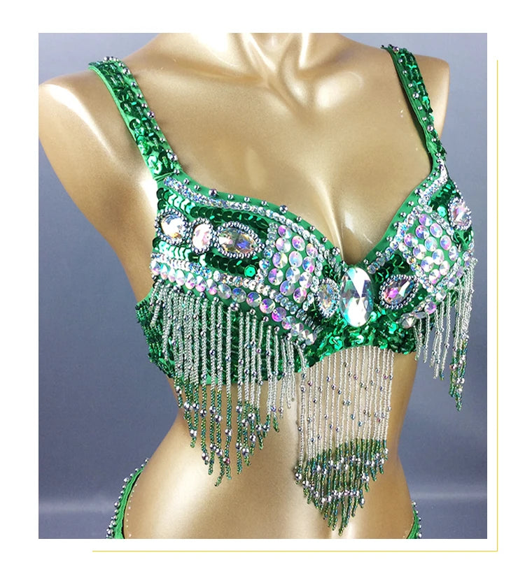 Dazzling Beaded & Sequined Belly Dance Bra & Belt 2-Piece Costume Set