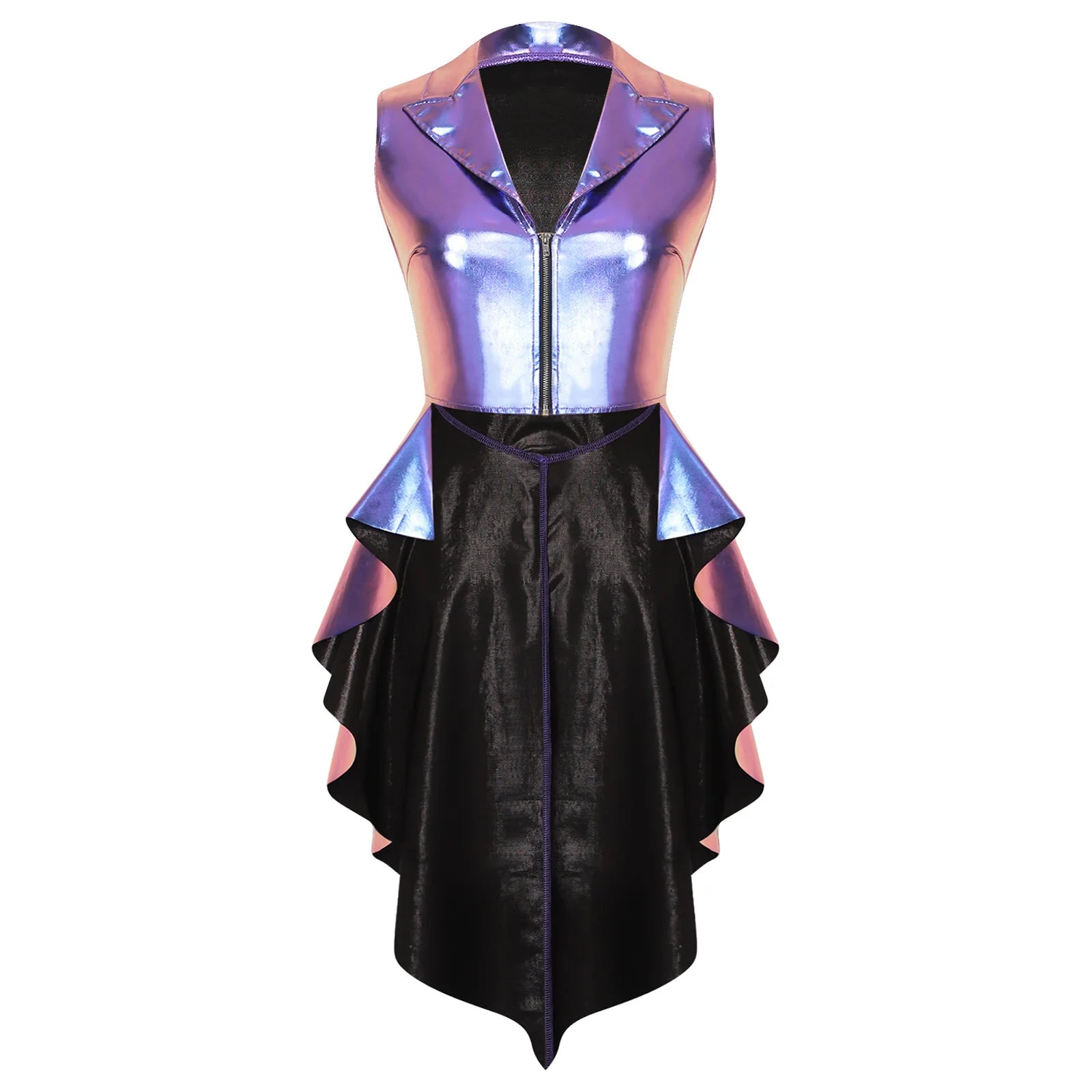 Metallic Wet-Look Sleeveless Tailcoat Jacket with Asymmetrical High-Low Hem
