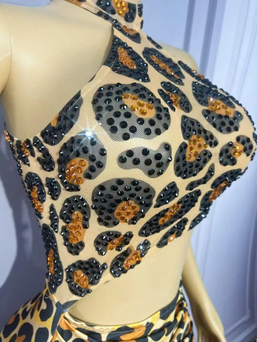 Leopard Print Rhinestones High Split Bodycon Dress Evening Party Stage Performance Outfit