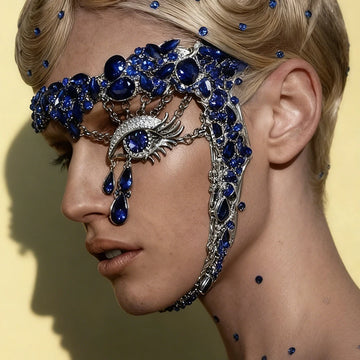 The Stardust Blue Demon – Deluxe Rhinestone Eye Mask & Full Face Chain Jewelry Veil