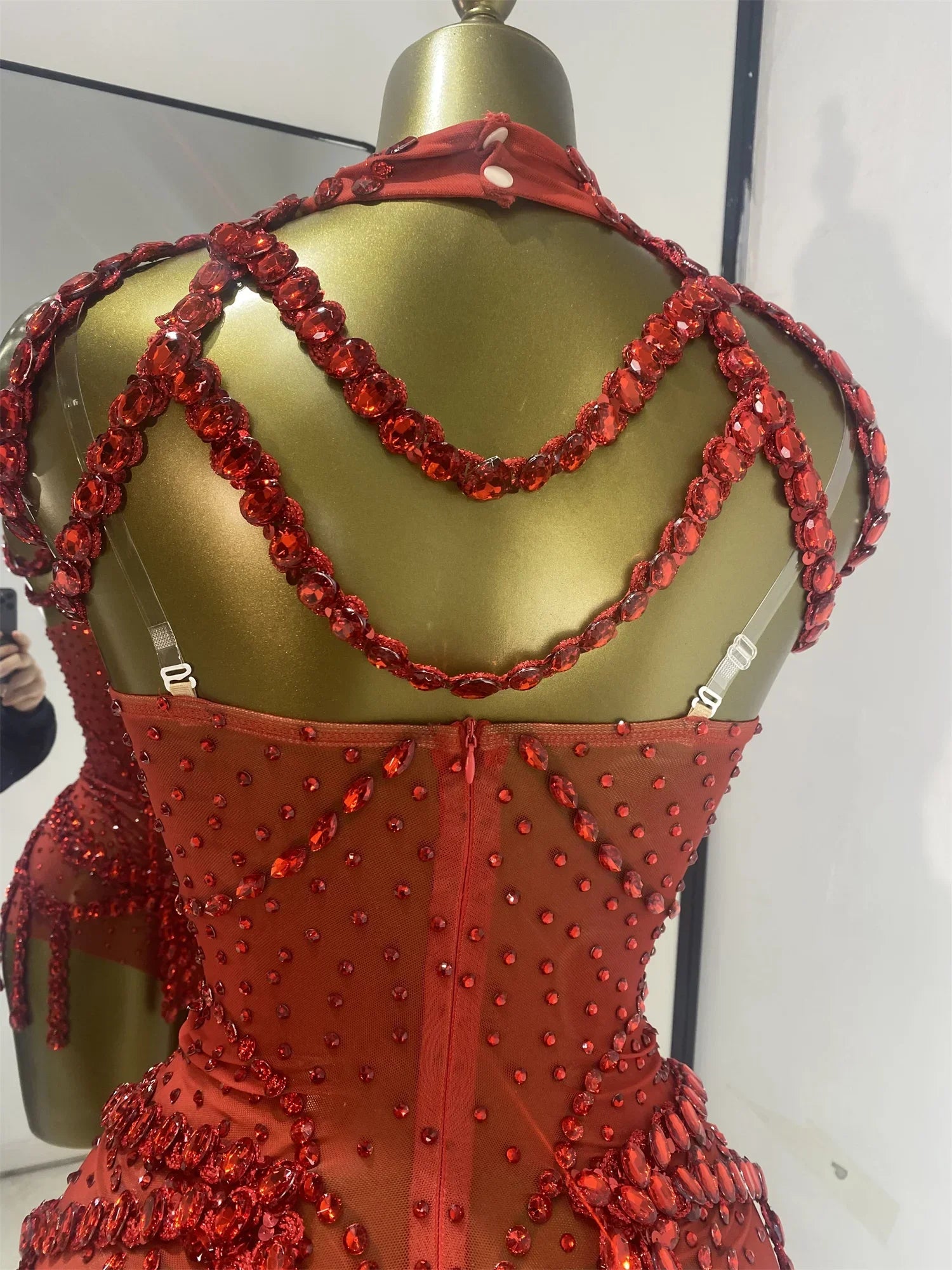 Crimson Red Rhinestone Corset Bodysuit & Embellished Choker 2-Piece Stage Costume Set
