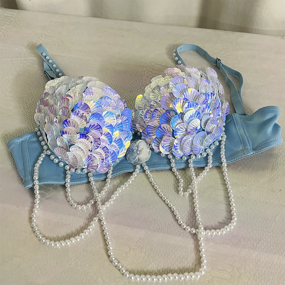 Handmade Mermaid Sequin Pearl Shell Belly Dance Bra Festival Rave Top