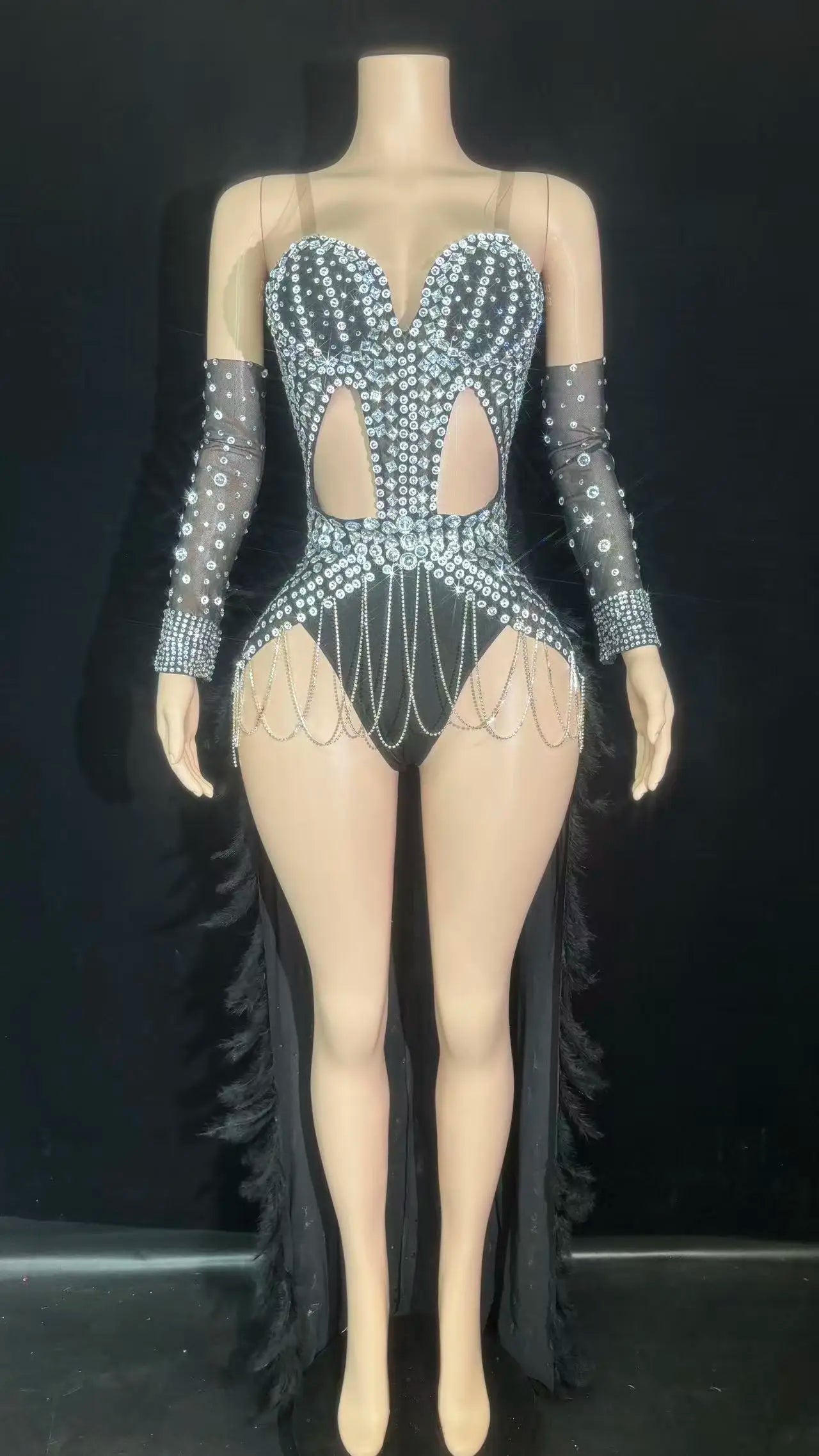Rhinestone Chain Bodysuit with Detachable Feather Train & Sleeves 3-Piece Stage Costume Set