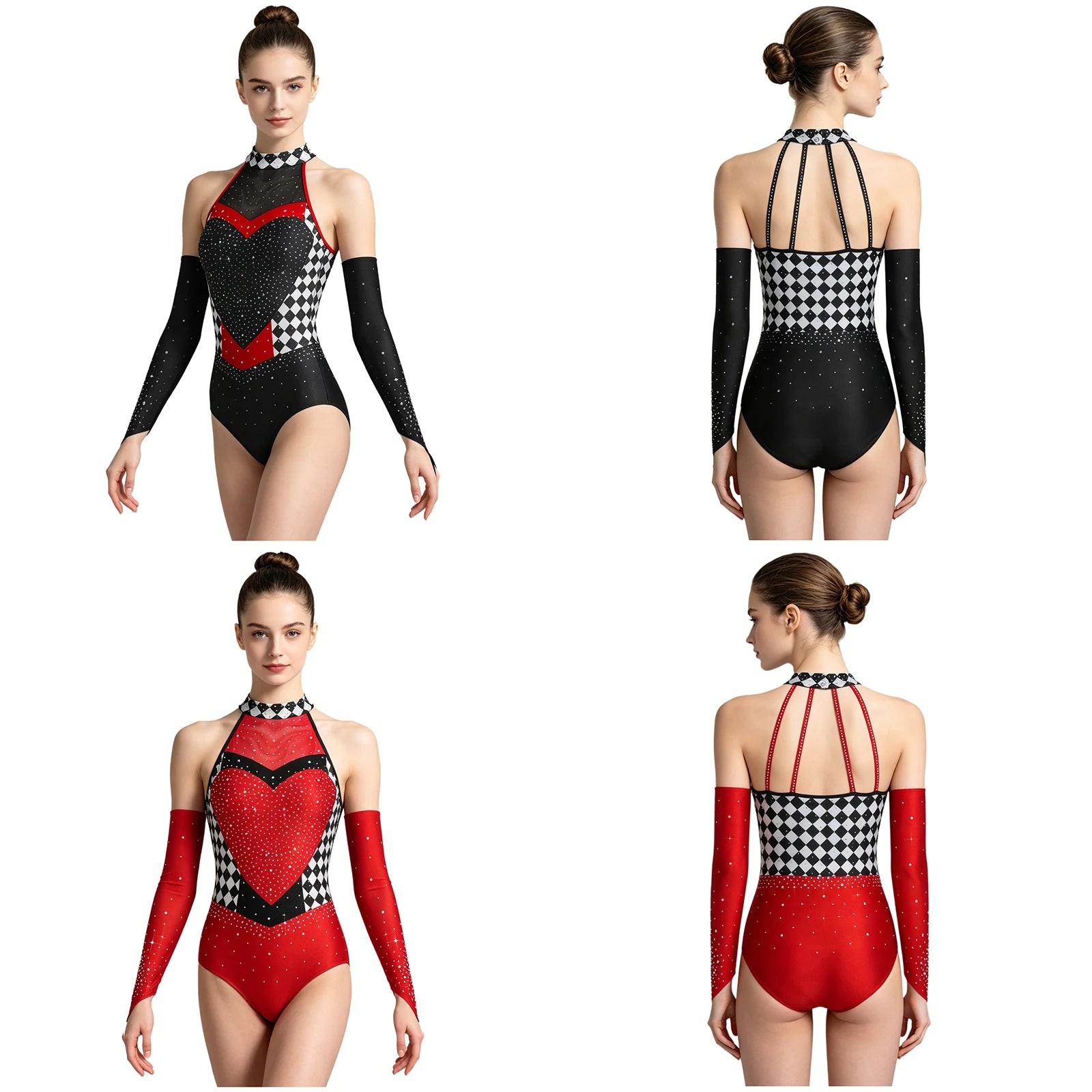 Queen of Hearts Rhinestone Halter Bodysuit & Sleeves Checkered Circus Stage Costume Set