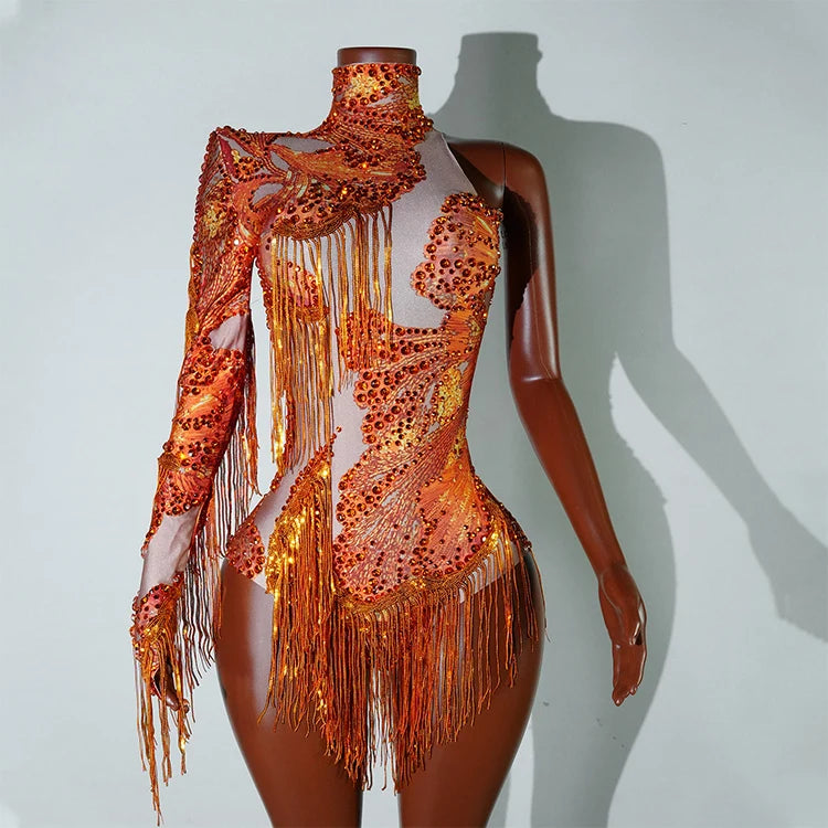 Leopard Sequin Fringe Asymmetrical Bodysuit One-Sleeve Stage Performance Costume