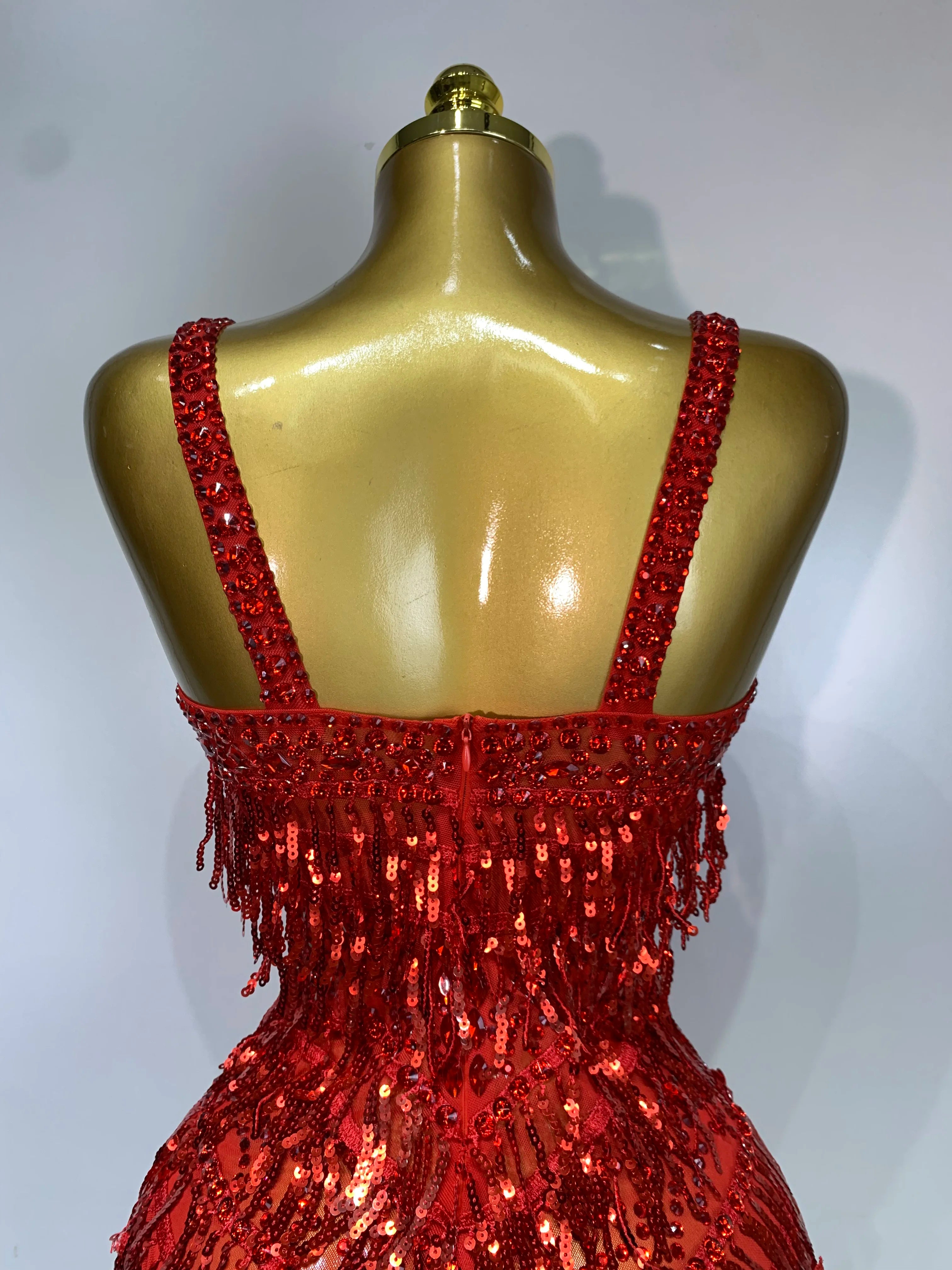 Sparkly Rhinestone Tassel Backless Mesh Bodysuit Luxury Stage Performance Costume