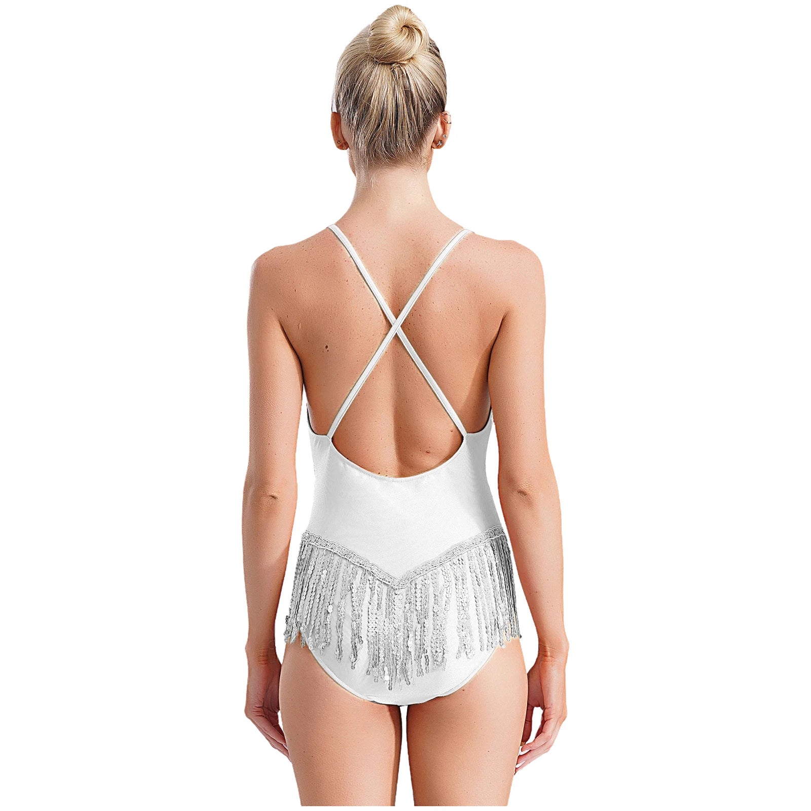 Sequins Fringed Cross Back Latin Dance Leotard Sleeveless V-Neck Bodysuit