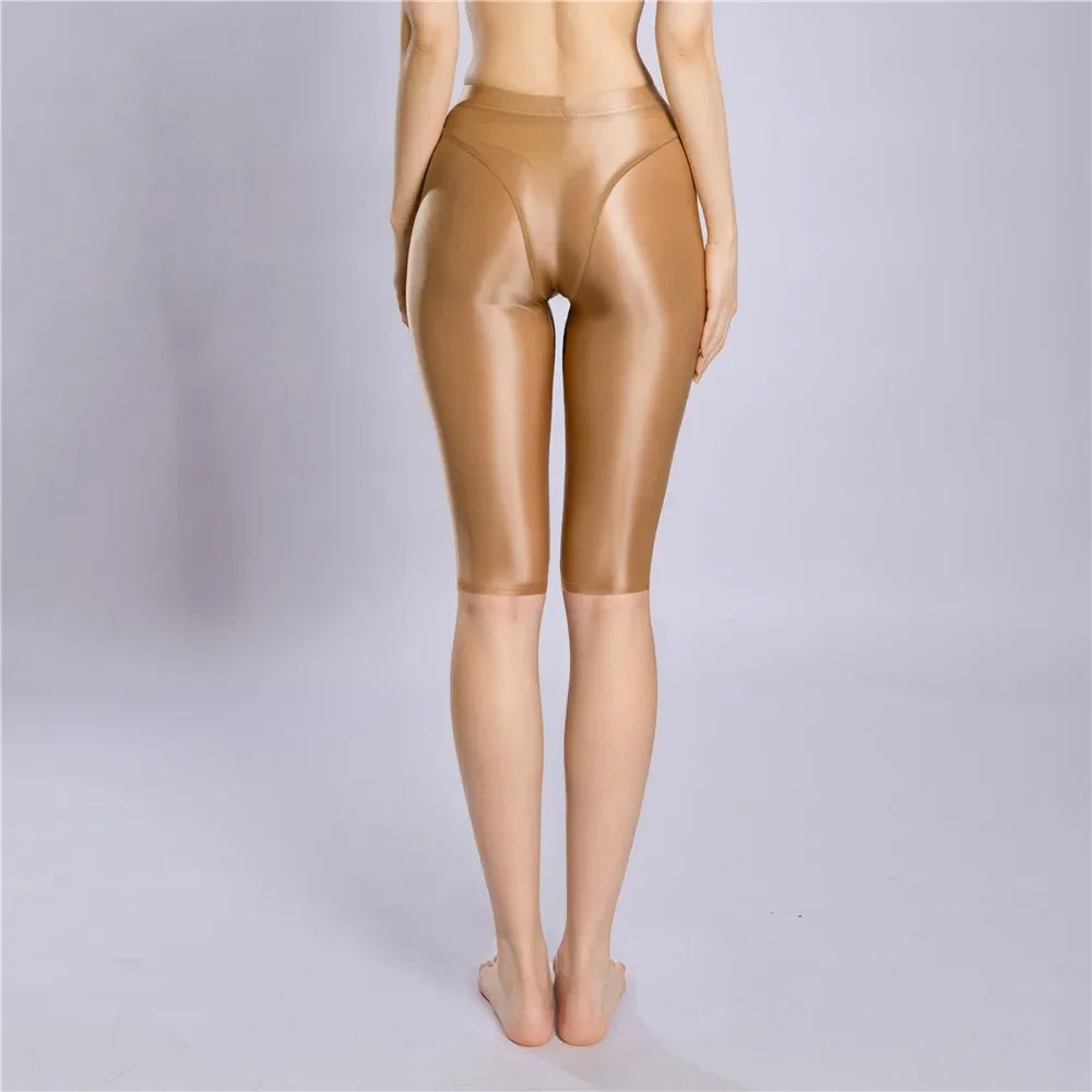 Women Shaping Short Stain Smooth Oil Glossy Shiny Elastic Shorts Sheer See Through Casual Plus Size Tight Yoga Short Maid Pant