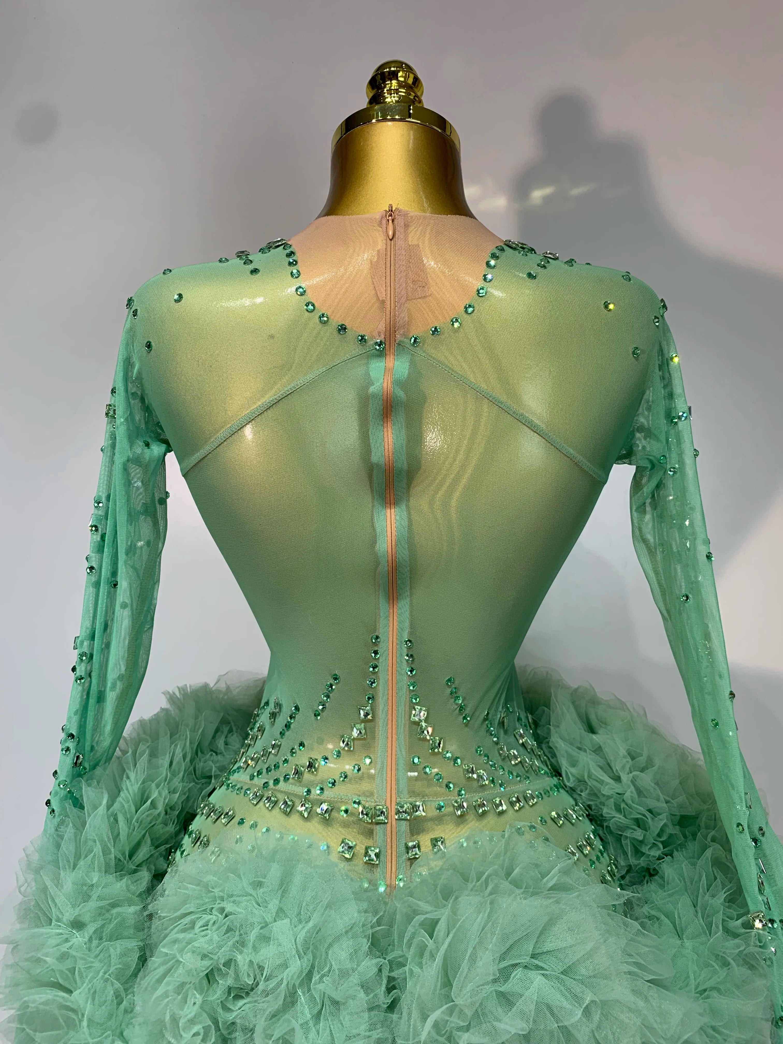 Luxury Green Diamonds Mesh See-Through Long Sleeve Jumpsuit Stage Performance Costume
