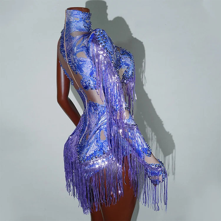 Leopard Sequin Fringe Asymmetrical Bodysuit One-Sleeve Stage Performance Costume