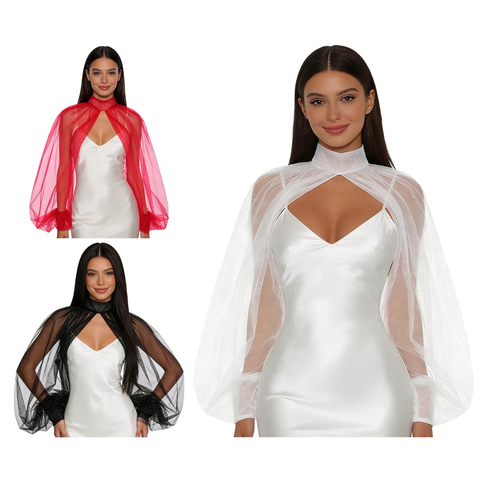 Shimmering Mesh Lantern Sleeve Bolero Shrug & See-Through Mock Neck Top