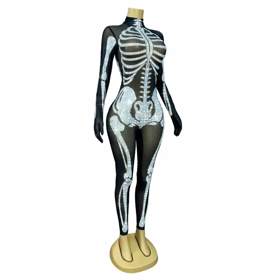 Rhinestone Skeleton Monster Cosplay Jumpsuit & Halloween Stage Dance Romper