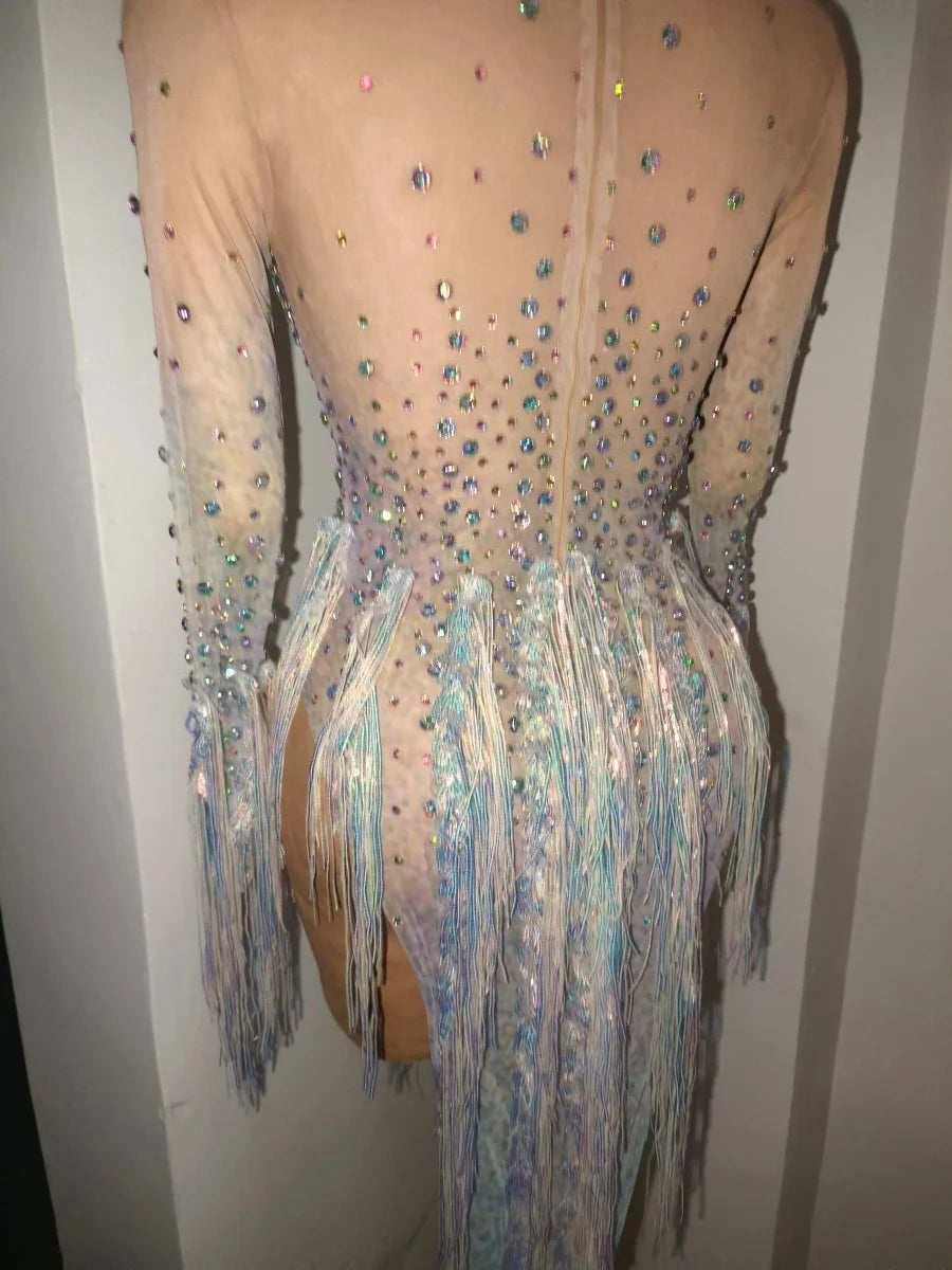 Iridescent Crystal Tassel Long Sleeve Sheer Mesh Stage Bodysuit Costume