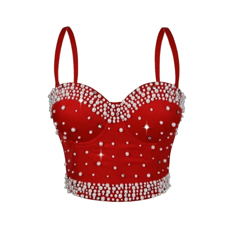 Sparkly Rhinestone Corset Crop Top Showgirl Stage Performance Camisole Bustier