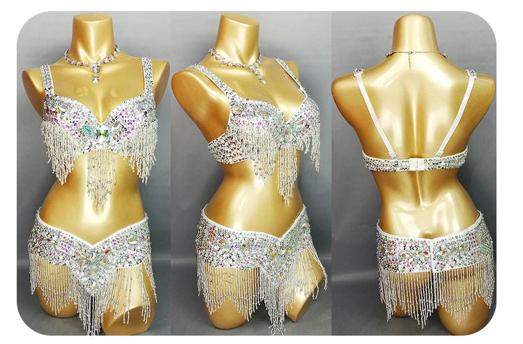 Dazzling Beaded & Sequined Belly Dance Bra & Belt 2-Piece Costume Set